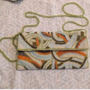 Fully Beaded Evening Crossbody Purse with Strap, Orange‎ Blue and Brown